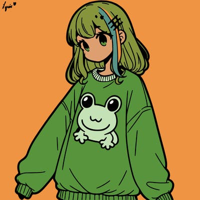 girl wearing frogging sweatshirt
