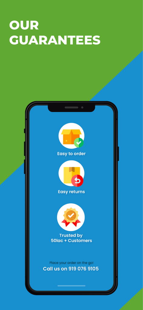 Tela do aplicativo móvel mostrando as garantias da GetMeds, incluindo pedidos fáceis, devoluções fáceis e uma grande base de clientes.