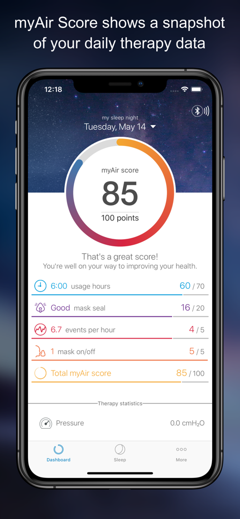 iPhone screen showing the AirMini app dashboard with a myAir score of 85 and detailed sleep therapy statistics