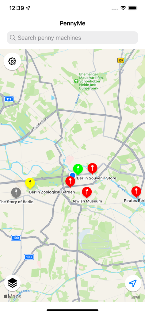 PennyLocator - Map view in the PennyMe app showing various locations for pressed penny machines