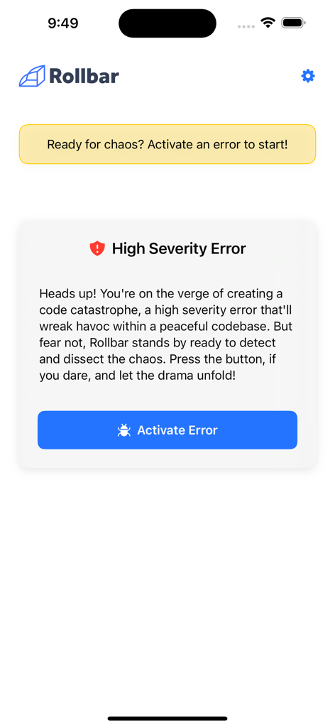 Rollbarエラーシミュレーターアプリのインターフェースに、高重大度エラー通知と「エラーをアクティブ化」ボタンが表示されています。