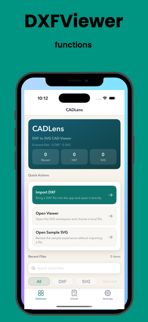 DXFViewer - Painel do aplicativo CADLens mostrando ações rápidas para importar arquivos DXF e visualizar desenhos SVG em um dispositivo móvel.