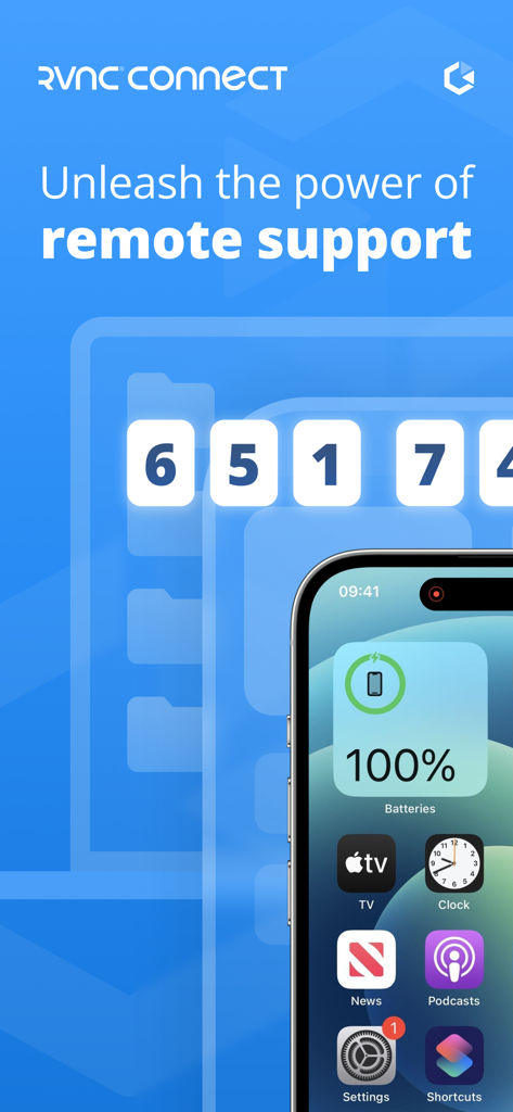 RealVNC Server - RealVNC Server App-Oberfläche, die einen Remote-Support-Sitzungscode und den Startbildschirm eines iPhones anzeigt.