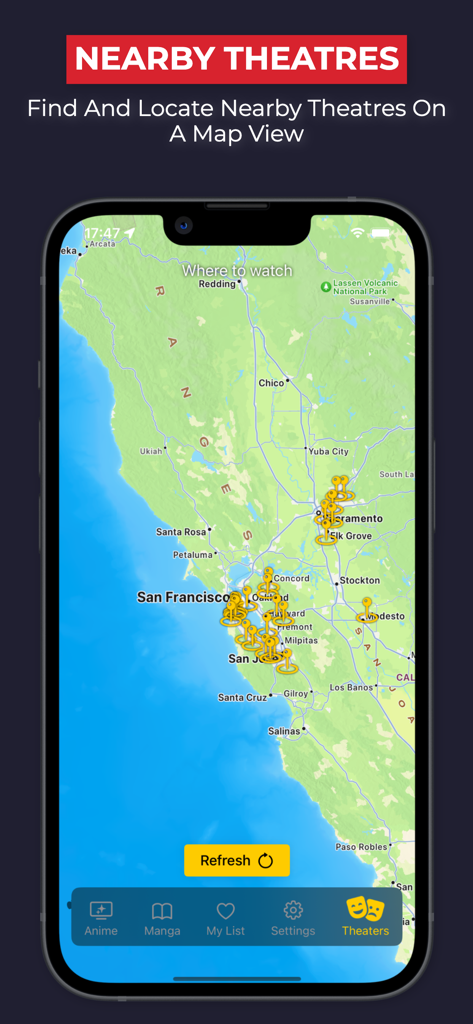 Una vista de mapa en la aplicación Anilab que muestra cines cercanos para proyecciones de anime.