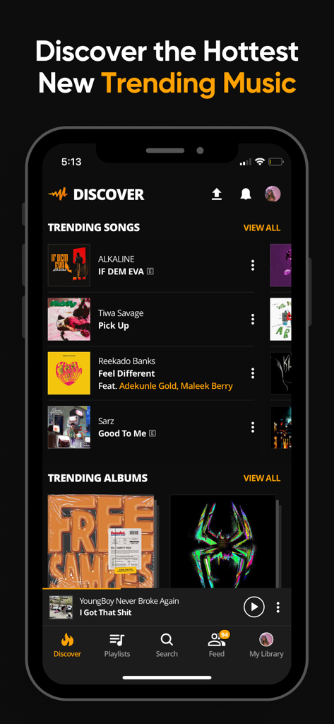Audiomack mobile app interface showing trending songs and albums in the discovery tab