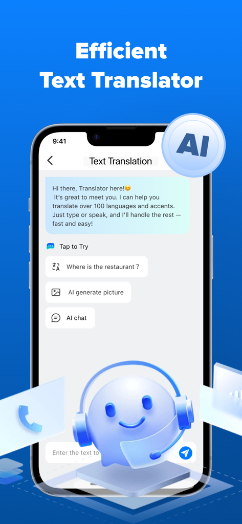 Interface of the AI Translator app showing text translation features and a friendly AI character with a headset.
