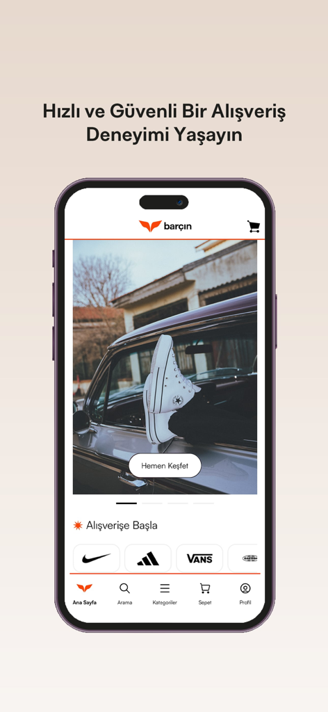 Barçın - Home screen of the Barcin mobile shopping app featuring premium sportswear brands like Nike and Adidas.