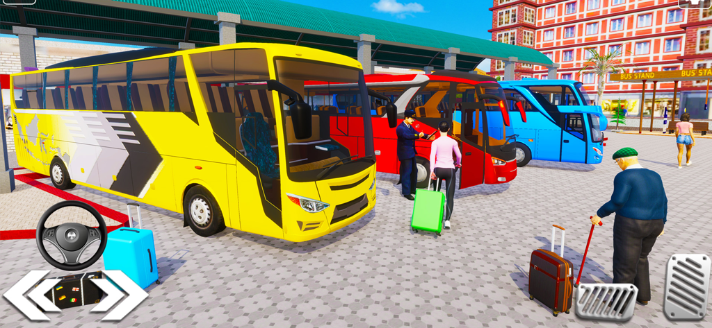 Bus Games - City Bus Simulator - Pantalla de juego de Bus Games City Bus Simulator mostrando autobuses coloridos y pasajeros con equipaje en una parada de autobús