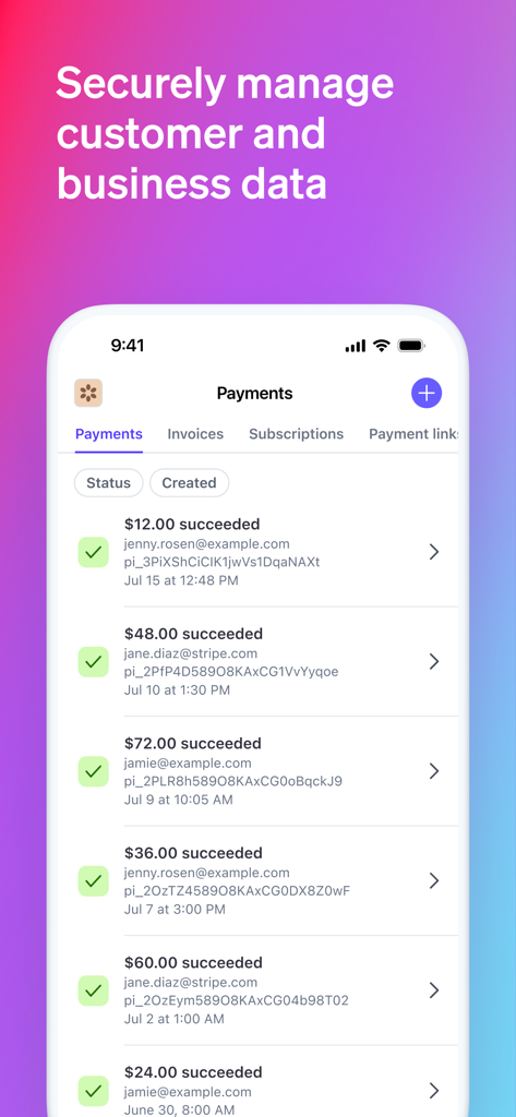 Interfaccia dell'app mobile Stripe Dashboard che visualizza un elenco di pagamenti aziendali andati a buon fine e dati sulle transazioni dei clienti
