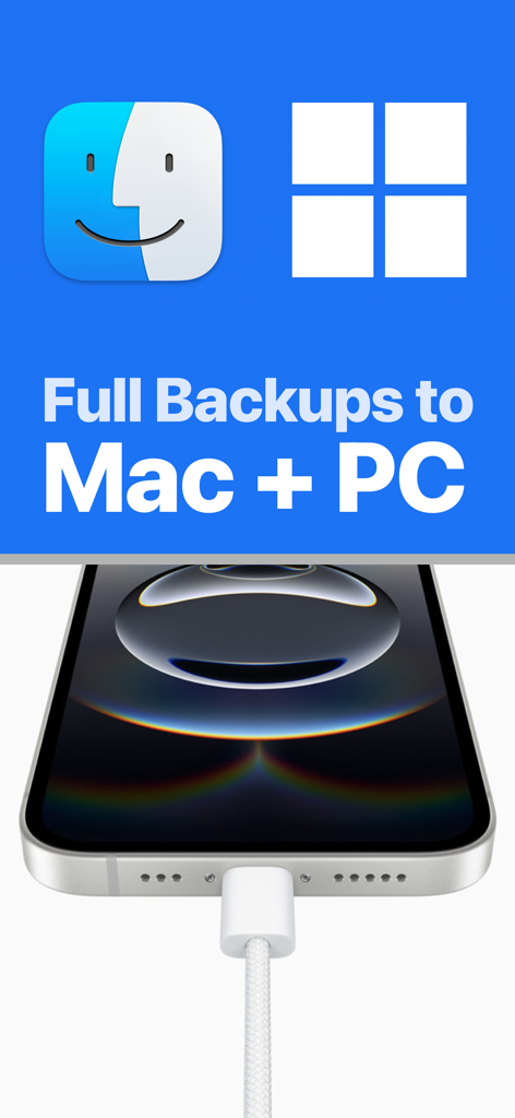 iPhone connected to a cable illustrating full message backups to Mac and PC computers