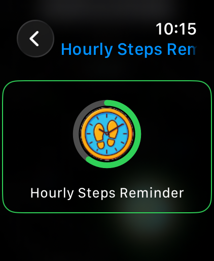 Hourly Steps Reminder - Hourly Steps Reminder app logo on Apple Watch featuring a clock face with footprints and a green progress tracker.