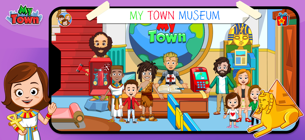 My Town : Museum History - 博物館のロビーにいる、さまざまな歴史時代の様式化されたキャラクター。