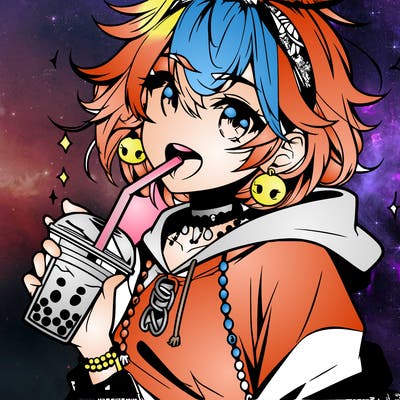 hot baddie anime girl drinking boba and biting the straw