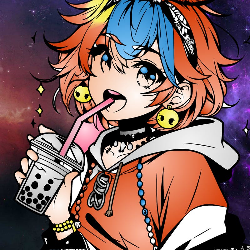 hot baddie anime girl drinking boba and biting the straw