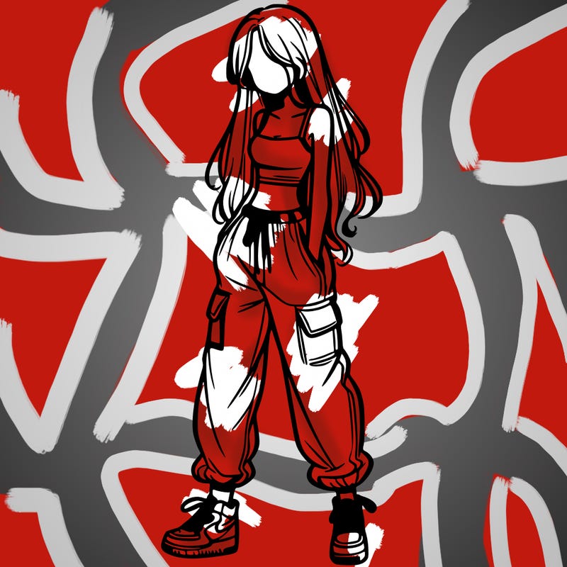 girl in baggy pants crop top and long hair