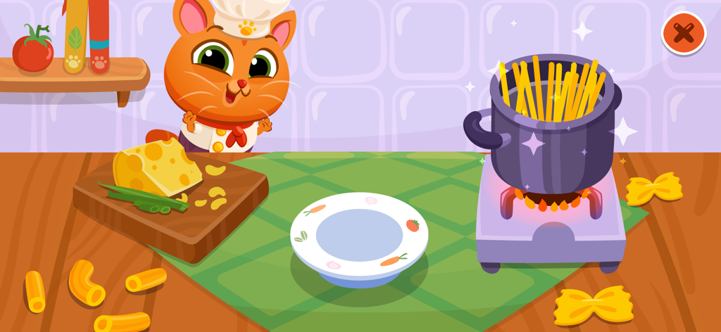 O gato Bubbu usando um chapéu de chef enquanto cozinha macarrão em uma panela