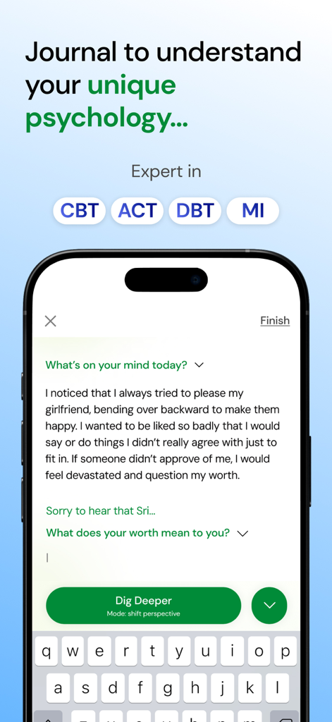Attached: Relationship Anxiety - Mobile screenshot of the Attached app showing an AI powered journaling interface for relationship anxiety with a prompt to dig deeper into self worth using therapy frameworks like CBT and DBT.