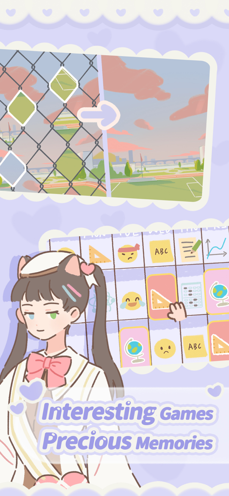 Purrfect Tale - Purrfect Tale Spielbildschirm mit einer Schulmädchenfigur und akademischen Minispielen