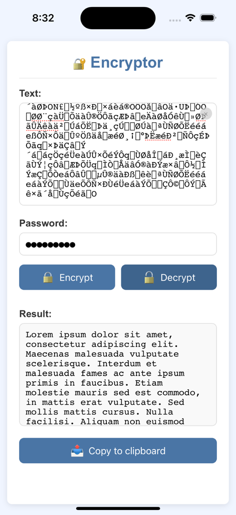 Captura de pantalla de la aplicación Encriptador que muestra la interfaz de cifrado y descifrado de texto con entrada de contraseña.