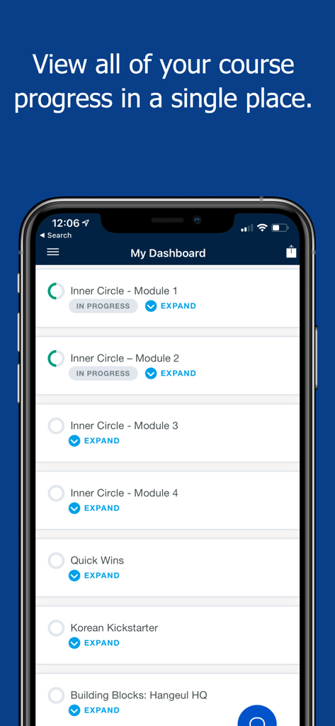 90 Day Korean - 90 Day Korean app interface showing a dashboard with course progress modules