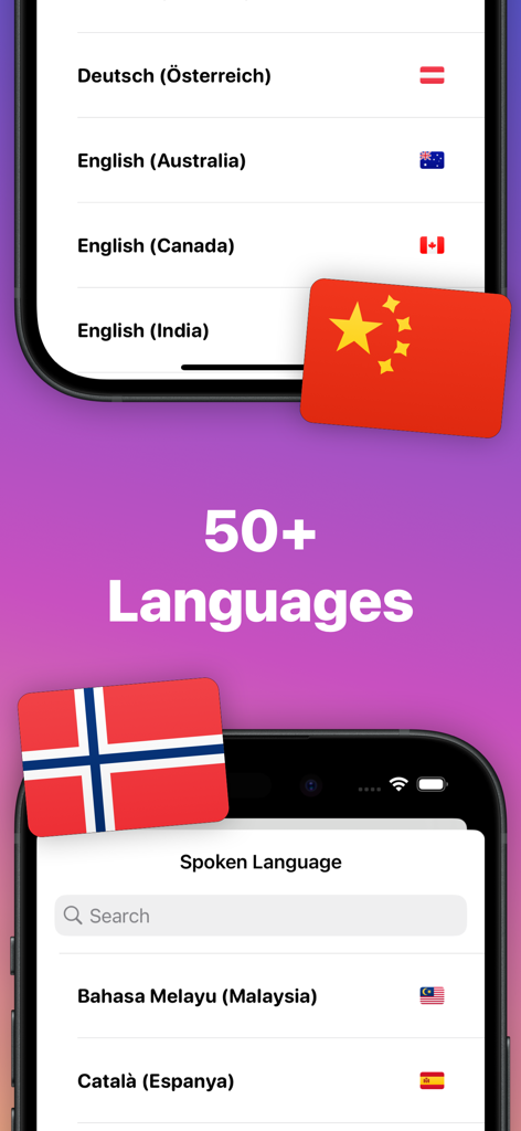 Interface showing a list of over fifty supported languages for generating video subtitles