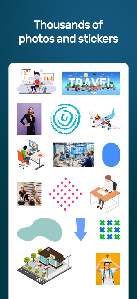 Brochure Design Maker-Leaflet - Sammlung von Fotos und Stickern, die in der Broschüren-Design-Ersteller-App verfügbar sind
