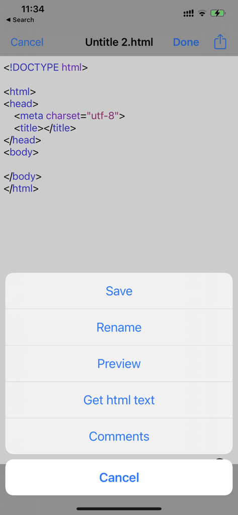HTML & HTML5 Editor - Mobile HTML-Editor-App, die ein Code-Snippet und ein Aktionsmenü mit Optionen zum Speichern, Umbenennen und zur Vorschau zeigt