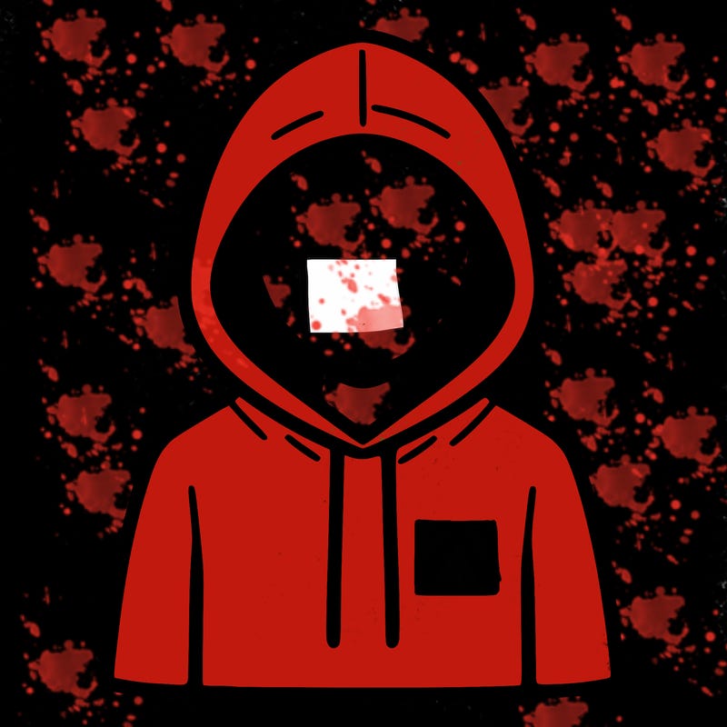 a person with non face waering a hoodie with a small triangle symbol