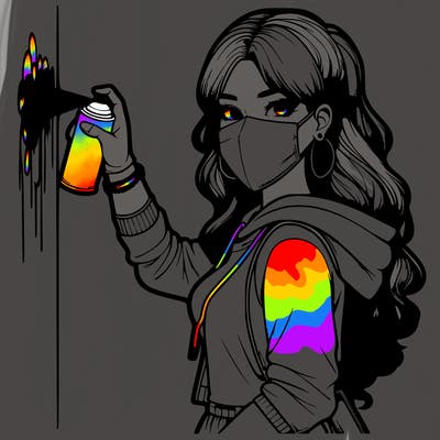 realistic girl with mask spray painting a wall