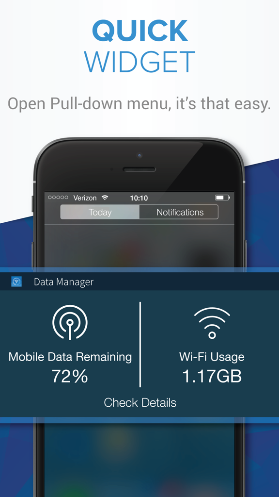 Data Manager - Track Usage of Mobile/Wi-Fi Data Plan - A screenshot of the Data Manager quick widget on an iPhone showing mobile data remaining at 72 percent and 1.17GB of Wi-Fi usage.