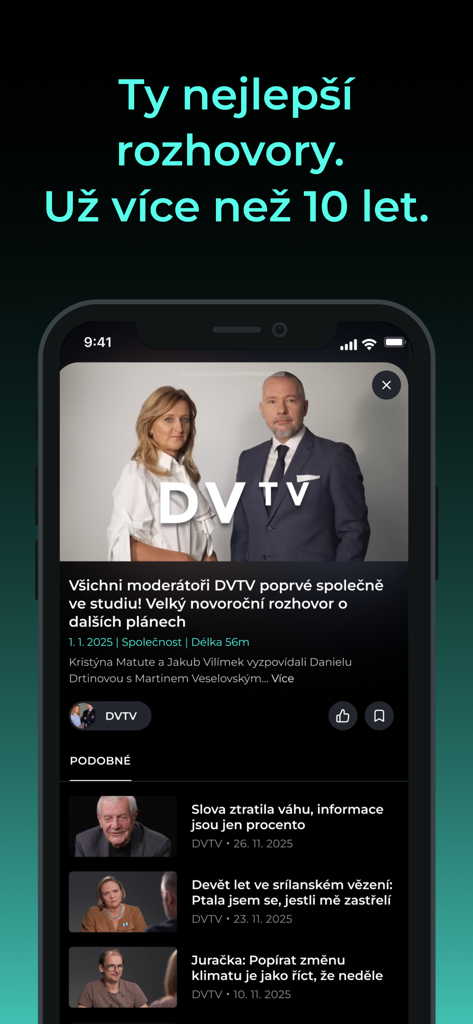 DVTV - DVTV app interface displaying video interviews with Czech journalists Daniela Drtinova and Martin Veselovsky