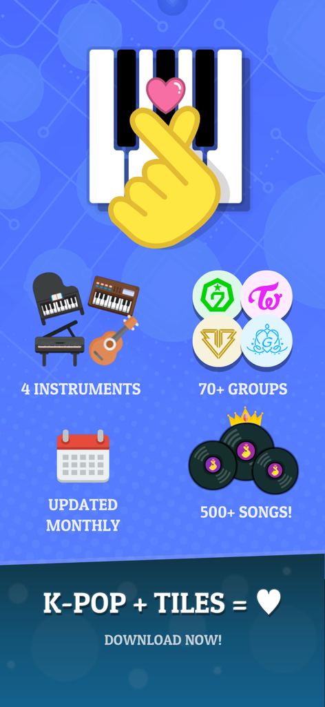 KPOP Tiles 2026 - 4가지 악기, 70개 이상의 K-pop 그룹, 500곡 이상의 KPOP Tiles 2026 기능을 보여주는 인포그래픽