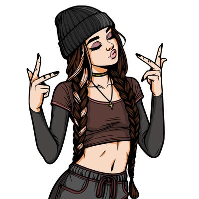 realistic teenage girl with braids and a beanie and crop top doing 🫶🏼