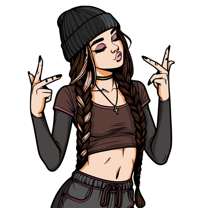 realistic teenage girl with braids and a beanie and crop top doing 🫶🏼