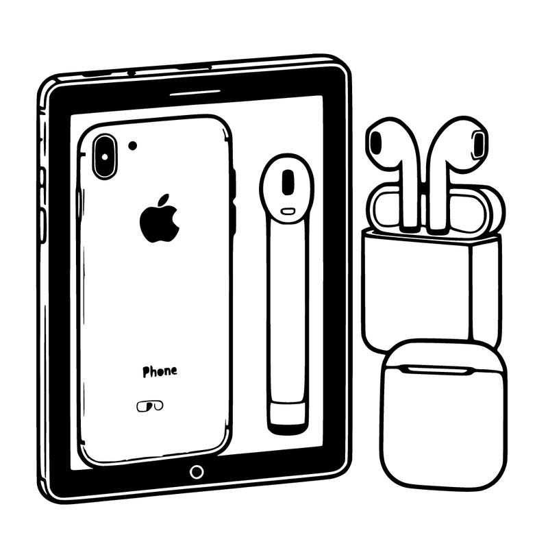 an iphone next to a metal box that is squished slightly,next to a tablet that has the apple logo next to airpods