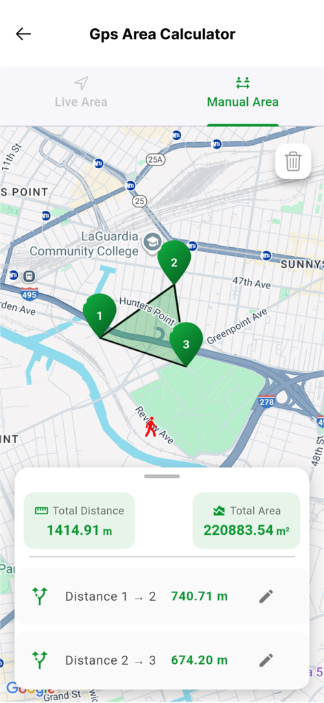 Interfaz de la Calculadora de Área GPS que muestra la medición de terreno y el seguimiento de distancia en un mapa