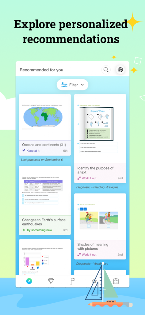 A screen from the IXL app displaying personalized learning recommendations for students across multiple subjects and grades