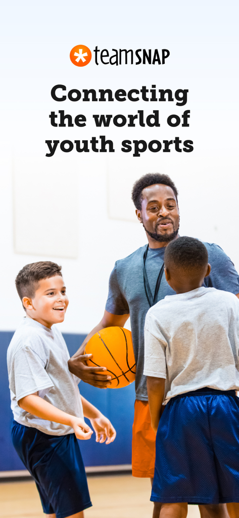 A coach and two young boys with a basketball under the TeamSnap logo and tagline.