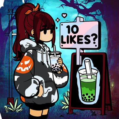 girl with oversized hoodie drinking boba and she has a high ponytail with a sign that says 10likes?