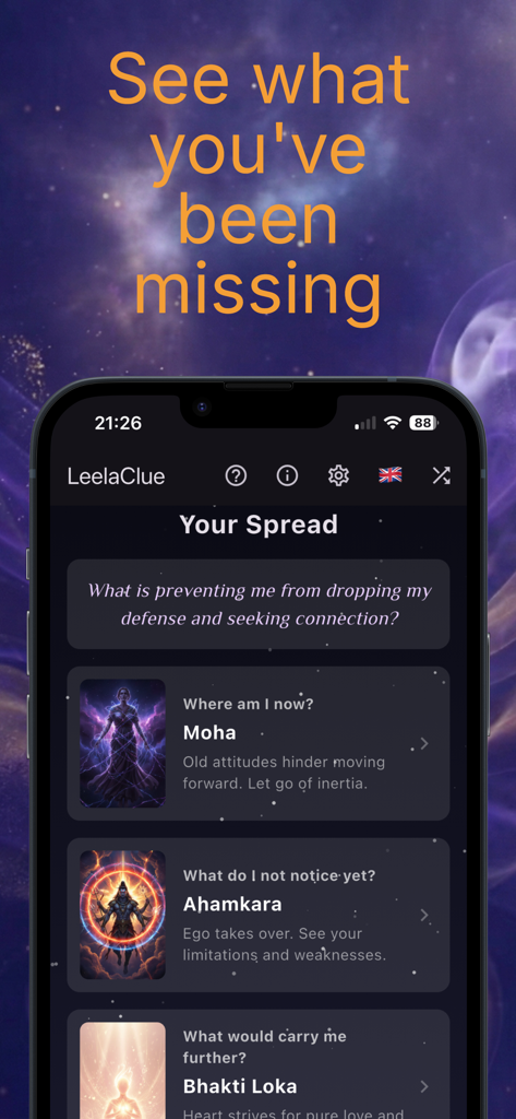 LeelaClue: Mindfulness - LeelaClue mindfulness app screen displaying a three card daily guidance spread for self reflection
