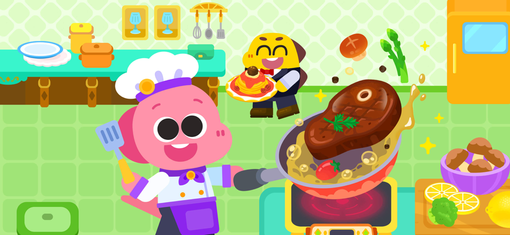 Cocobi Little Kitchen - kids - El Chef Coco cocinando un filete en el juego Cocobi Little Kitchen para niños