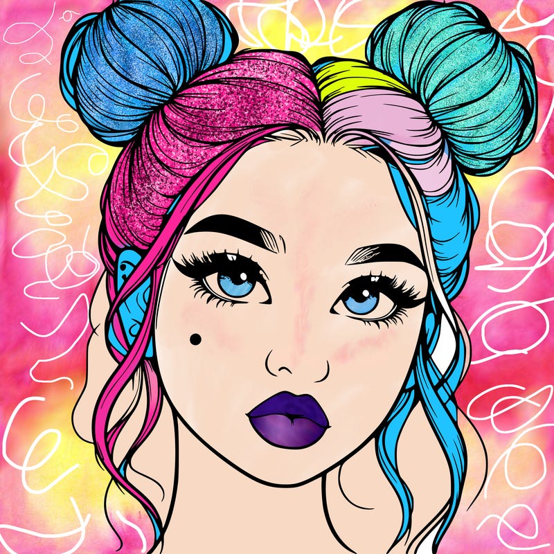 realistic girl with two buns on her hair and lips