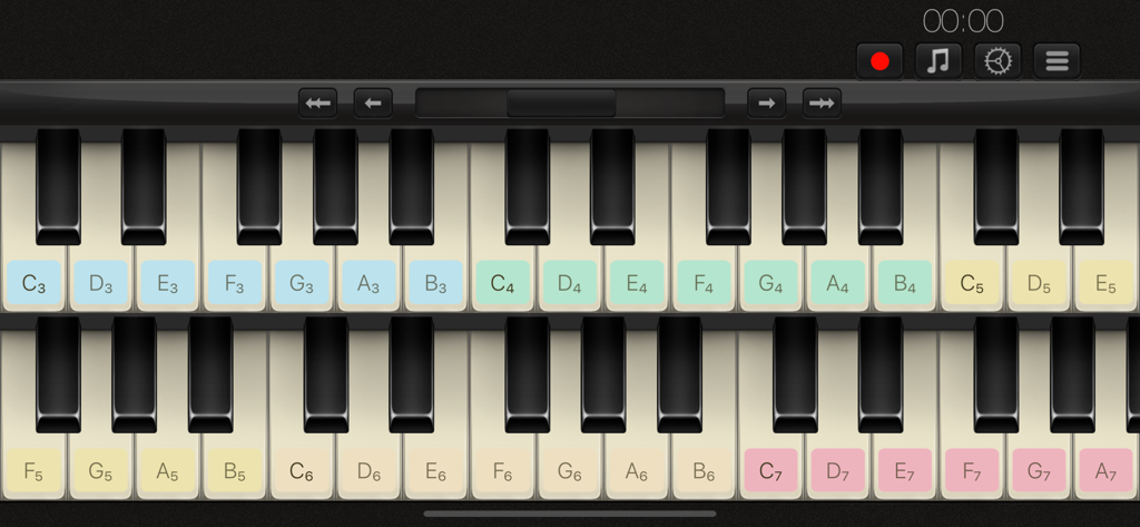Grand Piano ∞ - Virtual piano app interface featuring a double keyboard layout with note labels and recording tools.