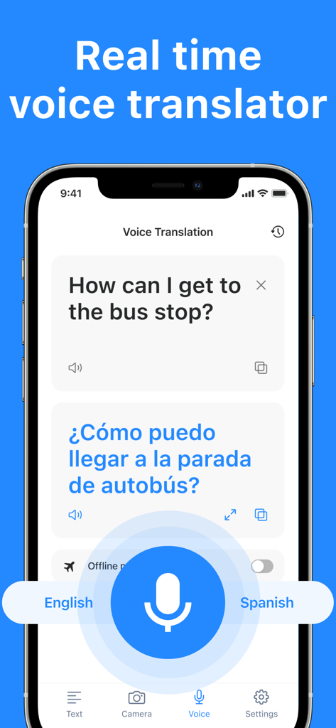 Translator AI: Photo, Voice - Mobile app interface showing real-time voice translation from English to Spanish for a travel question.