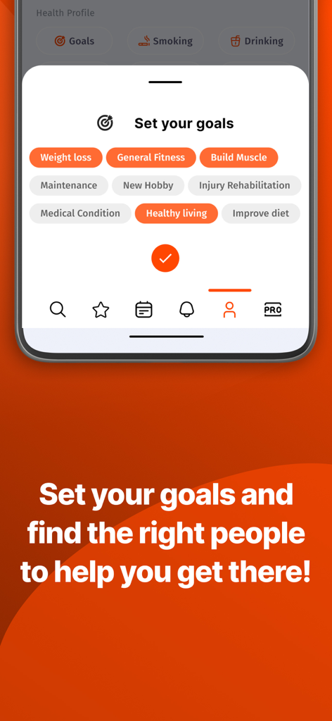 Fitable - Interfaz de la aplicación móvil Fitable para seleccionar objetivos de salud y fitness personalizados.