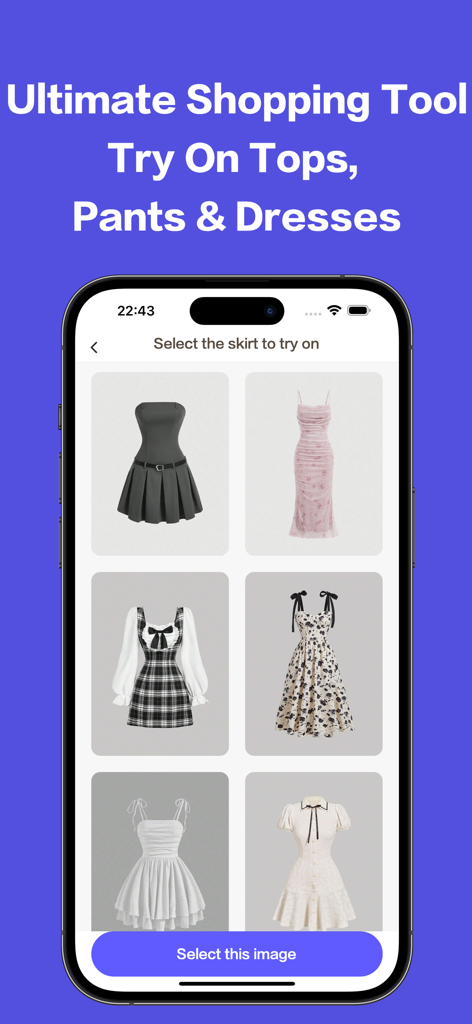 AI Try-On - Virtual Dressing - Selection screen in the AI Try-On app featuring various dresses and skirts to virtually try on.