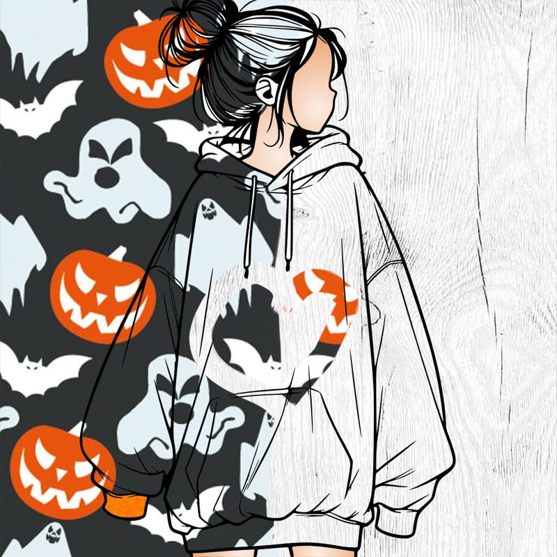 realistic girl with a oversized sweatshirt on and a bun
