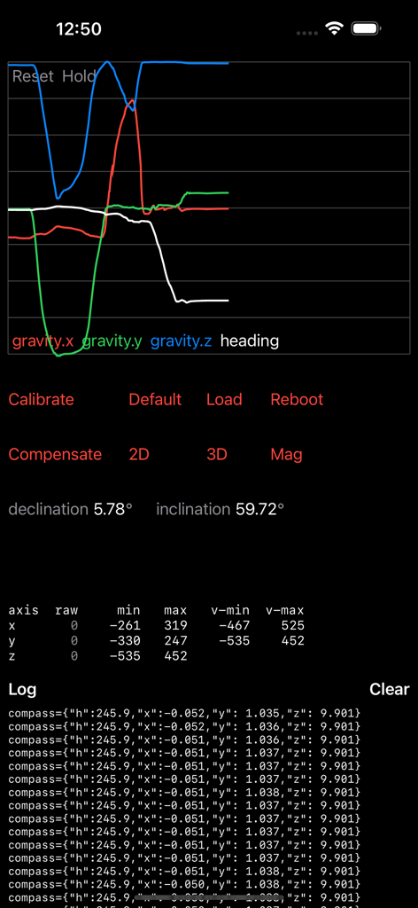 Real-time gravity and compass sensor data graph with JSON log output in the IoT sensors app