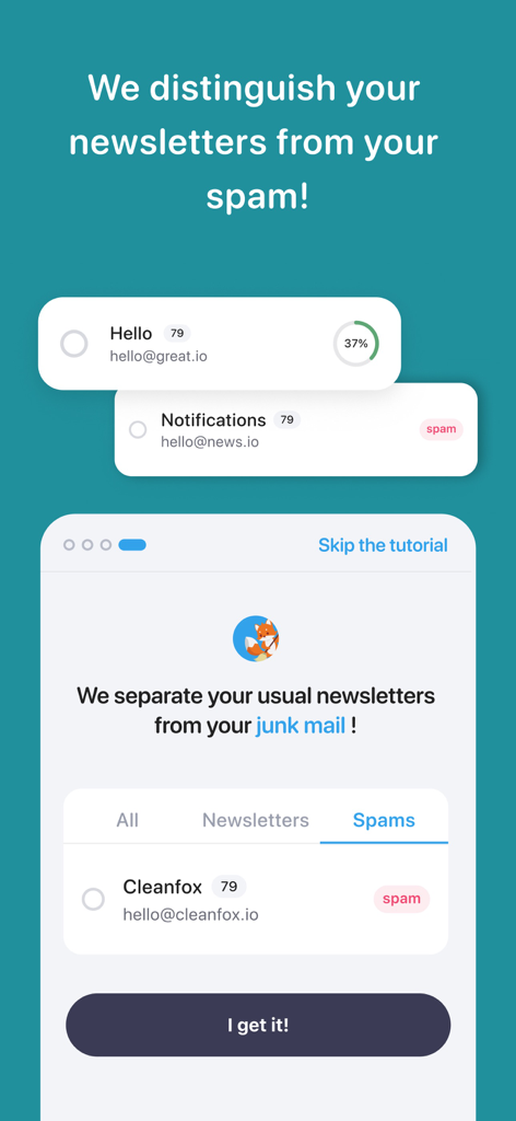Cleanfox - Email Cleaner - Cleanfox app interface showing how newsletters are distinguished from spam emails for better inbox organization