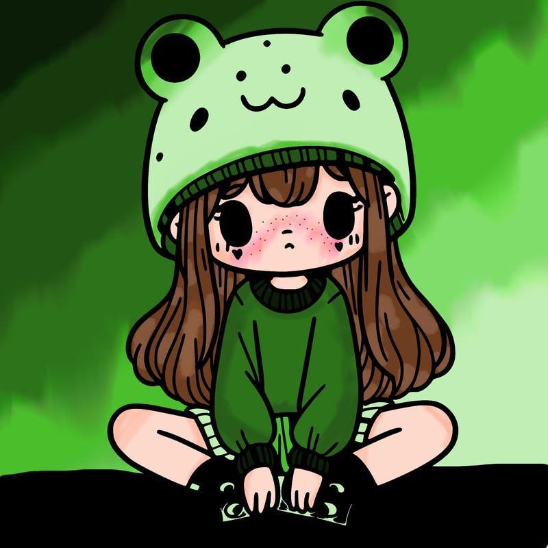 a girl wearing a frog hat and some frog socks